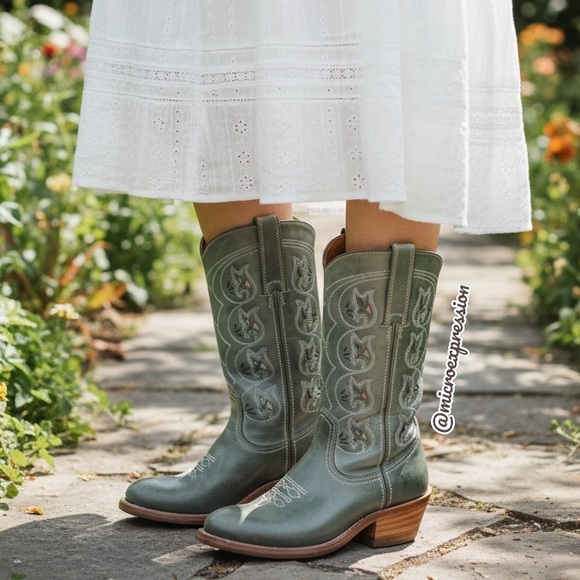 Frye Shoes - VINTAGE 1980 Frye Austin Campus Green-Blue Leather Floral Embroider Cowboy Boot